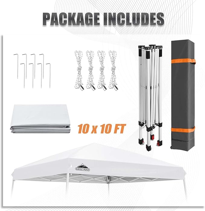 EAGLE PEAK 10x10 Slant Leg Outside Pop Up Canopy, Instant Outdoor Canopy Tent, 8x8 Top 10x10 Base Sun Shelter with Wheeled Carry Bag, Ropes and Stakes, White