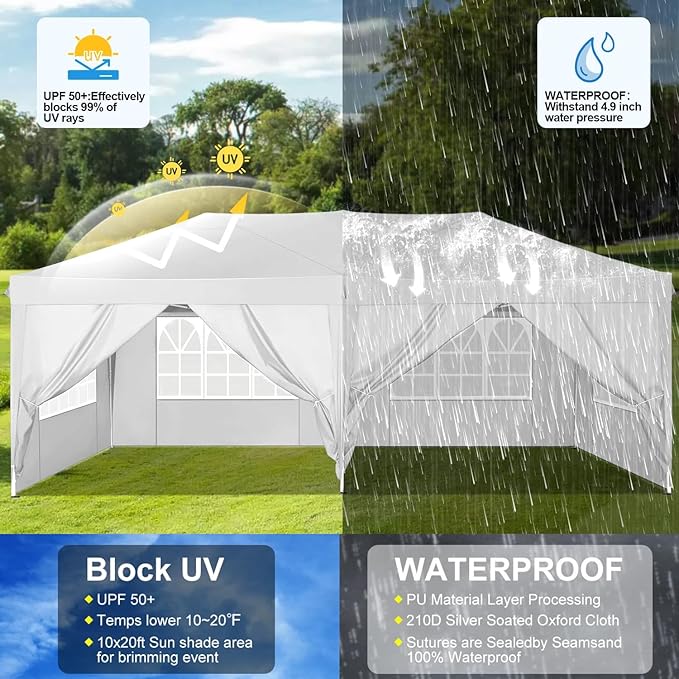 COBIZI Canopy 10x20 Pop Up Canopy Tent with 6 Sidewalls Easy Pop Up Tent 10x20 Waterproof Commercial Instant Shelter UPF 50+ Portable Gazebo Wedding Tents for Parties Carport Vender Events