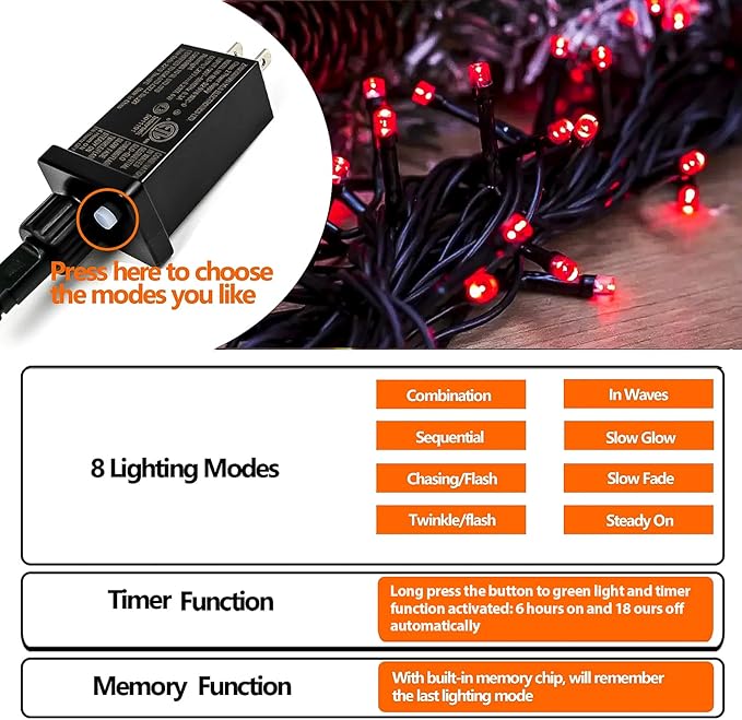 Upgraded 75.8 FT 200 LED Red Christmas Lights Outdoor Indoor, Memory Function & Timer & 8 Modes, Extendable Green Wire Waterproof String Light for Christmas Tree Party Wedding Home Garden Decorations