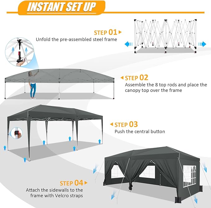 HOTEEL 10x20 Pop Up Canopy with 6 Sidewalls,One-Push Setup Canopy Tent with 8 Windbreak Poles,Waterproof Shade 10x20,Outdoor Canopies for Parties,Weddings,Camping,Patios (Grey)