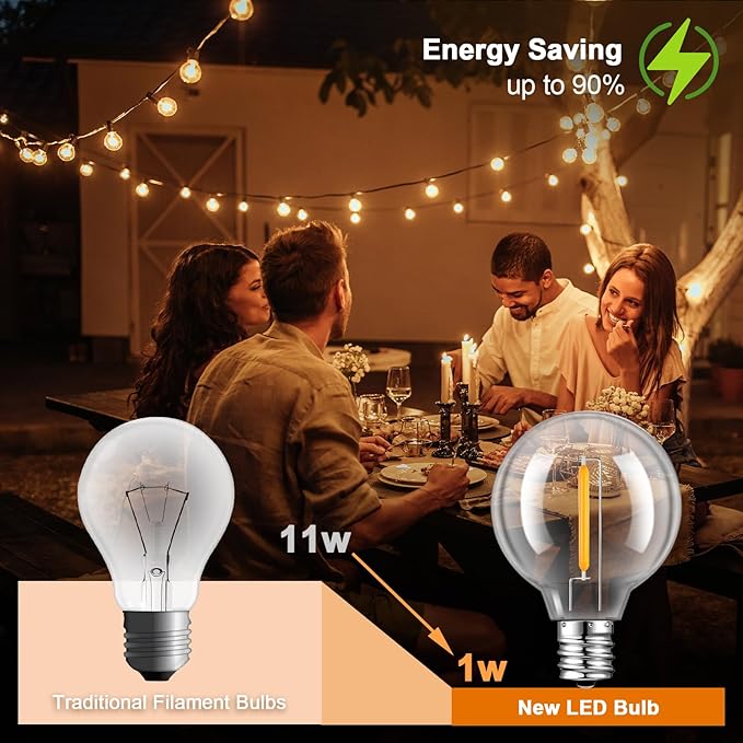 G40 LED Replacement Light Bulbs 24+1 Pack, E12 Screw Base Waterproof Globe Bulbs Light for Indoor Outdoor String Lights, Patio Cafe Decor, Dimmable, Warm White, Not Solar