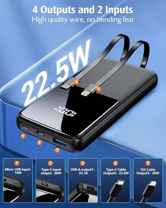 Portable Charger Power Bank - 15000mAh Fast Charging Powerbank Travel Camping Essential Battery Pack with Built in 22.5W Output Cable Compatible with iPhone16 15 14 13 Samsung Google Phone, 1 Pack