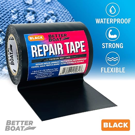 Repair Tape for Fabric Boat Covers, Canvas Tents, Pop-Up Campers, RV Awnings, Tarps, Canopies, Bimini Tops, Sails, Air Mattress Patch Kit, 30ft x 3" Black Heavy-Duty Waterproof Vinyl