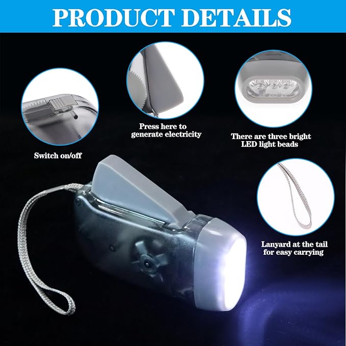 Droutti 60 Pcs Hand Crank Flashlight Handpress Flashlights 3 LED Powerful Emergency Safety Tool Manual Powered Light No Battery Required Torch for Camping Hiking Outdoor Sports