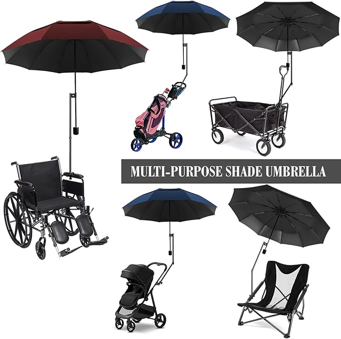 UPF 50+ Golf Umbrella with Adjustable Universal Clamp, Portable Umbrellas for Rain, Manual Open & Close, for Beach Chair, Golf Cart, Stroller, Bleacher, Patio