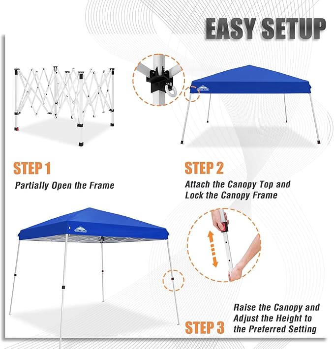 EAGLE PEAK 10x10 Slant Leg Outside Pop Up Canopy, Instant Outdoor Canopy Tent, 8x8 Top 10x10 Base Sun Shelter with Wheeled Carry Bag, Ropes and Stakes, Blue