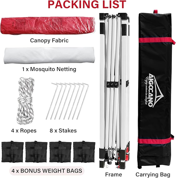 Canopy Tent with Netting Screen,10x10 Easy Pop Up Gazebo for Outdoor Parties,Camping,Foldable Patio Gazebo with Roller Bag and 4 Sandbags (Red)