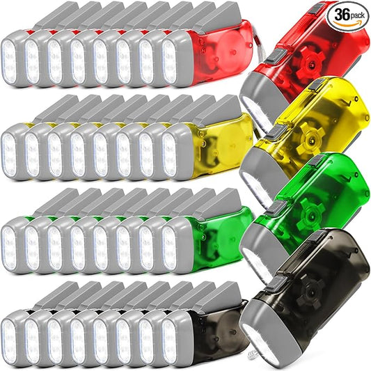 Treela 36 Pcs Hand Crank Flashlights Operation Christmas Items Bulk Squeeze Flashlight No Battery Required Torchlight 3 Powered Charging for Emergency(Red, Grey, Yellow, Green)
