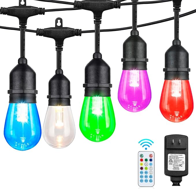 48FT RGB Outdoor String Lights, LED Waterproof Patio Lights with Remote, Color Changing Decorative Lamp for Backyard
