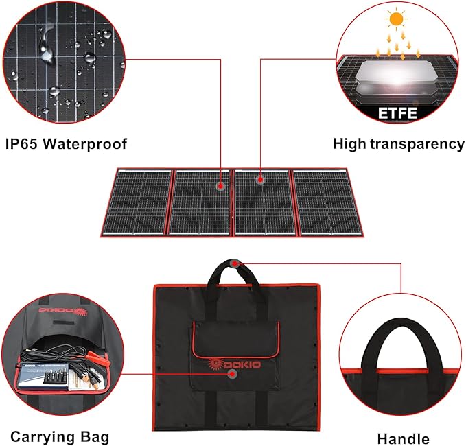 DOKIO 150W Portable Foldable Solar Panel Kit, Compact 21x19in Design 7lb with Standalone Controller and USB, Monocrystalline Charger for 12V Batteries, Power Stations, RV Camping Emergency Use
