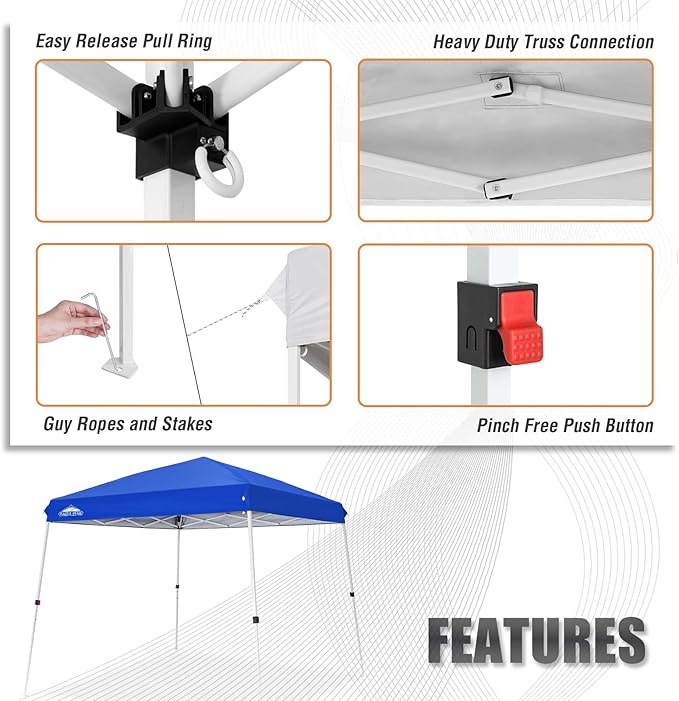EAGLE PEAK 10x10 Slant Leg Outside Pop Up Canopy, Instant Outdoor Canopy Tent, 8x8 Top 10x10 Base Sun Shelter with Wheeled Carry Bag, Ropes and Stakes, Blue