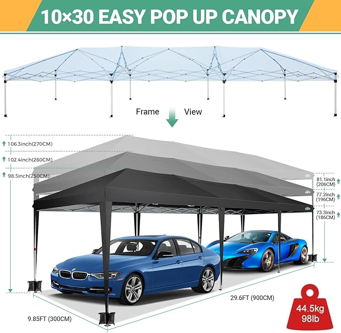 COBIZI 10x30 Pop Up Canopy Tent for Parties with 8 Sidewalls Waterproof Commercial Instant Canopy 10x30 Party Tent for Backyard, Wedding Portable Outdoor Gazebo with Carrybag&4 Sandbags(Black