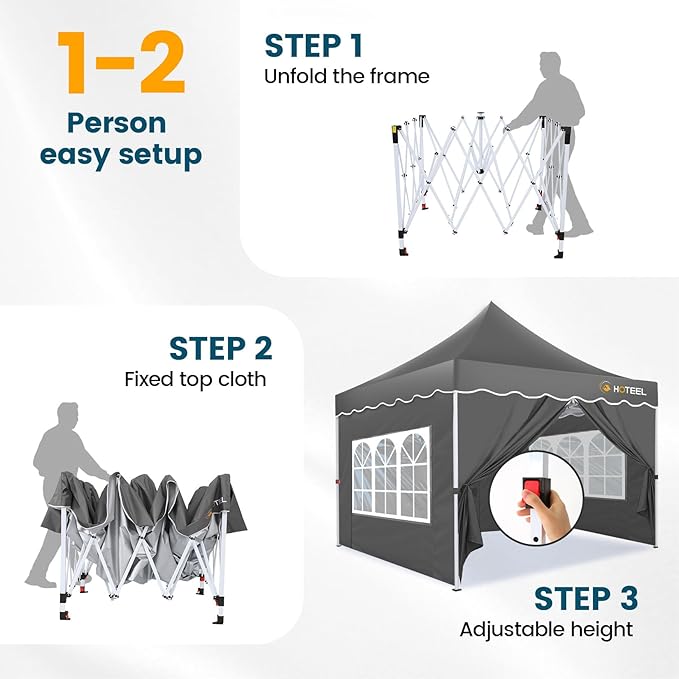 HOTEEL 10×10 Pop Up Canopy, UV 50+ and Waterproof Canopy Tent 10×10, Thickened Frame, Large Space Easy Pop Up Canopy, Outdoor Canopy for Weddings, Beaches, Parties, Patio (Grey)