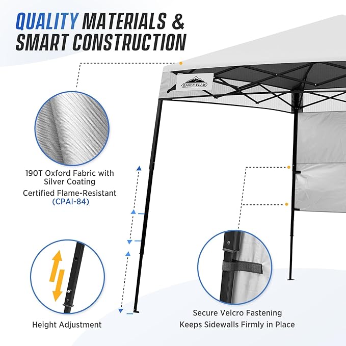 EAGLE PEAK 8x8 Pop Up Canopy Tent with Sidewall, Compact, Portable Slant Leg Instant Sun Shelter for Beach, Sports, & Camping, 8x8 Base 6x6 Top, White