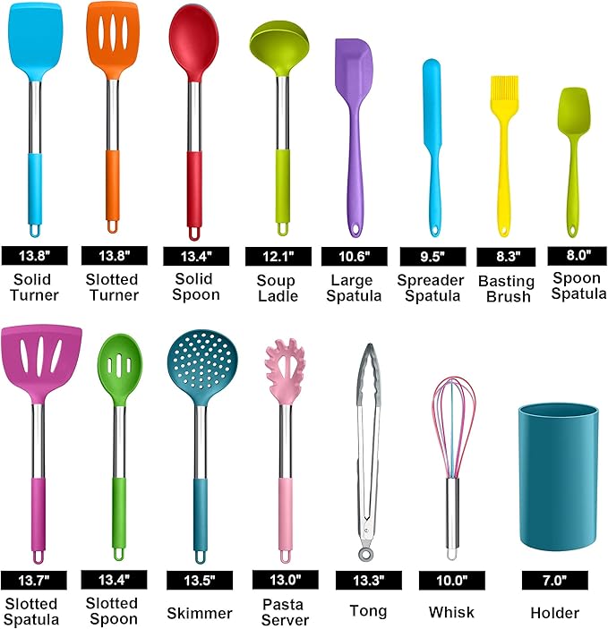 LIANYU 15-Piece Kitchen Cooking Utensils Set with Holder, Silicone Kitchen Tools Stainless Steel Handle, Slotted Spatula Spoon Turner Tong Whisk Brush for Cooking, Colorful