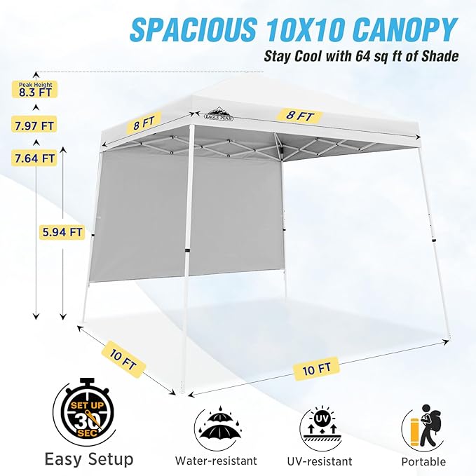 EAGLE PEAK 10x10 Pop Up Canopy Tent with Sidewall, Compact, Portable Slant Leg Instant Sun Shelter for Beach, Sports, & Camping, 10x10 Base 8x8 Top, White