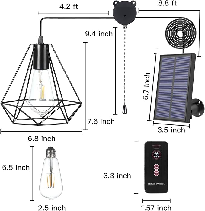 Solar Pendant Lights, Solar Powered Shed Light with Pull Cord and Remote for Outdoor Indoor, Solar Chandelier, Gazebo Lights with Adjustable Solar Panel for Yard Patio Balcony Barn Garage