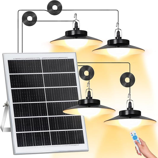 Solar Pendant Lights Outdoor,4 Heads Solar Shed Light Dimmable with Motion Sensor,Solar Powered Lights with Upgrade 5 Lighting Modes & Remote Control for Shed,Patio,Barn,Garage,Chicken Coop