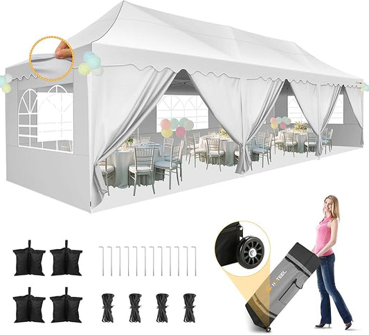 HOTEEL 10x30 Pop Up Canopy with 8 Sidewalls, UV 50+ and Waterproof Party Tent 10×30, Thickened Frame, Large Space Easy Pop Up Canopy, Outdoor Tent for Weddings, Beaches, Parties, Patio (White)