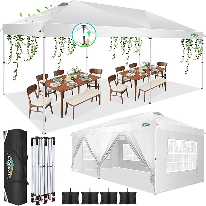 COBIZI 10x20 Pop Up Canopy Tent with 6 Removable Sidewalls,Waterproof & UV 50+ Easy Up Canopy,Commercial Gazebo with Air Vent,4 Sand Bags,4 Stakes & 8 Ropes,Tents for Parties/Camping/Backyard,White