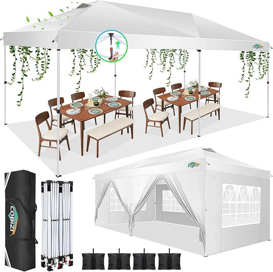 COBIZI 10x20 Pop Up Canopy Tent with 6 Removable Sidewalls,Waterproof & UV 50+ Easy Up Canopy,Commercial Gazebo with Air Vent,4 Sand Bags,4 Stakes & 8 Ropes,Tents for Parties/Camping/Backyard,White
