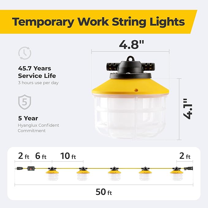 Outdoor Construction LED String Lights with Switch: 3 Prong 50FT 75w 10500lm ETL Certified Super Bright Temporary Lighting Hanging IP65 Waterproof Work Light for Attic Jobsite Garage