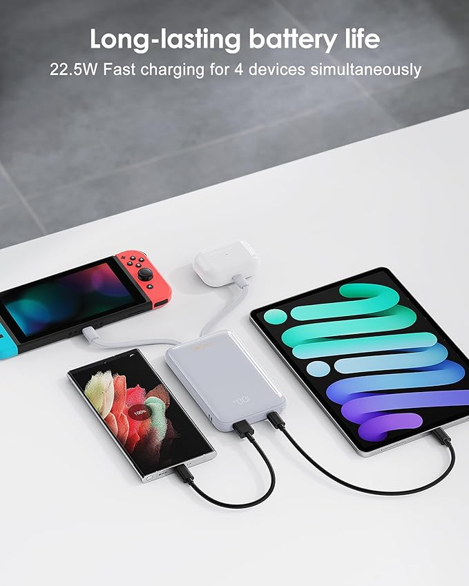 Portable Charger 10000mAh, Cell Phone Portable Power Banks with 22.5W PD Fast Charging, Compact Phone Charger Built in Cable, Compatible with Apple, Samsung, Google, Motorola and More-Grey