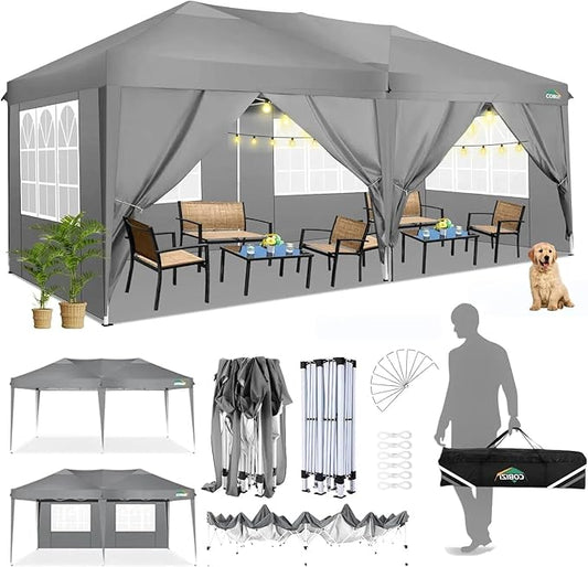 COBIZI 10x20 Pop Up Canopy Tent with 6 Sidewalls Easy Pop Up Tent 10x20 Waterproof Commercial Instant Shelter UPF 50+ Portable Gazebo Wedding Tents for Parties Carport Vender Events, Gray
