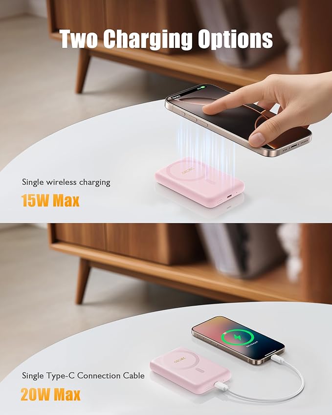 Magsafe Portable Charger, Ultra-Slim 10,000mAh Magnetic Wireless Portable Charger, PD 20W Fast Charging Power Bank, Magsafe-Compatible Battery Pack for iPhone Series (Pink)