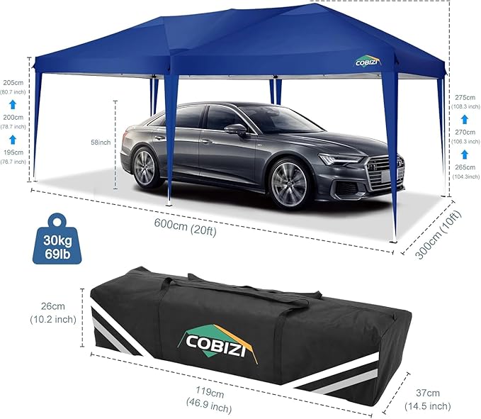 COBIZI 10x20 Pop Up Canopy Tent 10x20ft Waterproof Party Easy Up Canopy Tents for Parties Wedding Outdoor Commercial Event Gazebo Portable Instant Tent for Backyard Camping Carport, Navy Blue