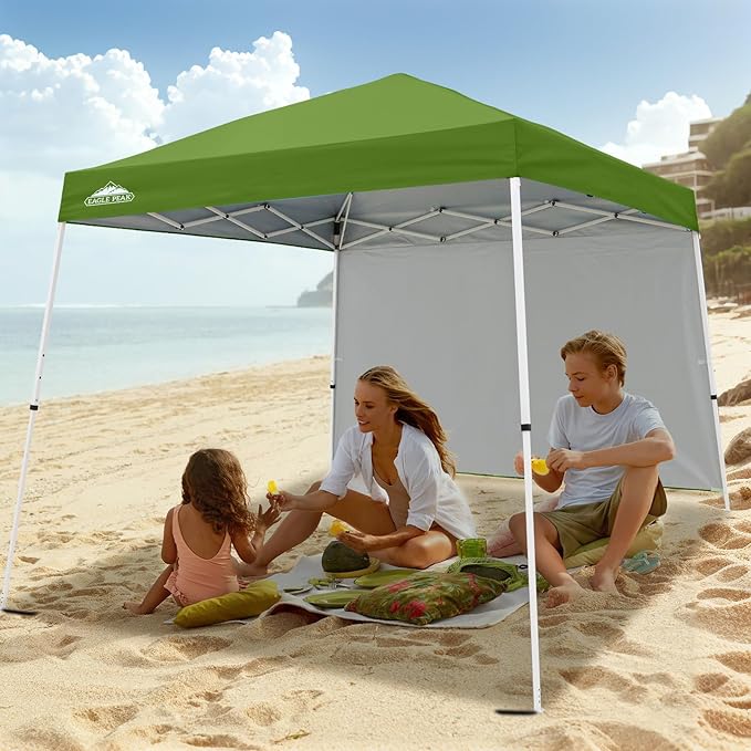 EAGLE PEAK 10x10 Pop Up Canopy Tent with Sidewall, Compact, Portable Slant Leg Instant Sun Shelter for Beach, Sports, & Camping, 10x10 Base 8x8 Top, Green