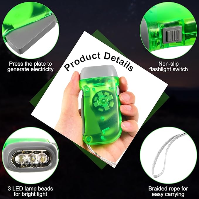Treela 60 Pack Hand Crank Flashlight Operation Christmas Items Bulk Squeeze Flashlight No Battery Required Torchlight 3 LED Self Powered Charging(Yellow, Green, Blue, Red)