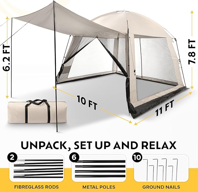 10x10 Screen Tents for Camping, 6-8 Persons Screen House for Camping, Windproof With 10 Ground Nails & 6 Steel Poles, UV Protected, 360° Ventilated & Bug Free for Peaceful Picnics, BBQ & Camping Night