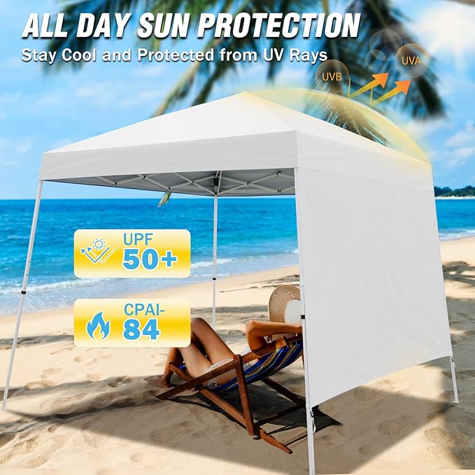 EAGLE PEAK 10x10 Pop Up Canopy Tent with Sidewall, Compact, Portable Slant Leg Instant Sun Shelter for Beach, Sports, & Camping, 10x10 Base 8x8 Top, White