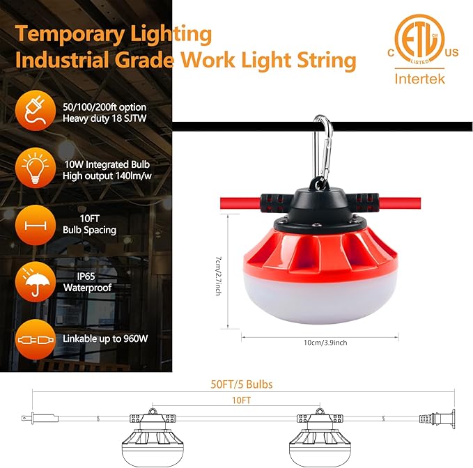 50FT LED Construction String Lights, 5 Medium Base Sockets, Linkable Job Site Lighting, 5000LM, Red, 50FT, Outdoor, Indoor
