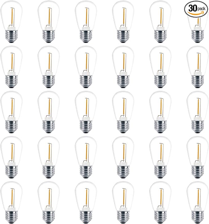 Meconard 30 Pack S14 Edison String Light Bulbs, 1 Watt Replacement Bulbs for Outdoor String Lights, Low Wattage Shatterproof LED Filament Patio Bulbs, E26 Medium Base, 2200K Warm White, Non-Dimmable