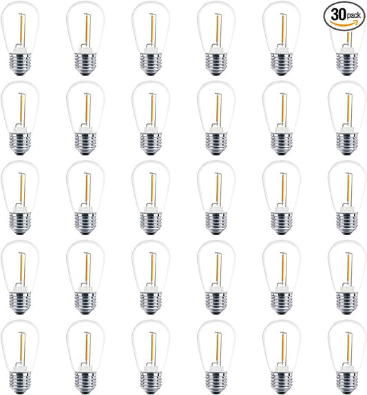 Meconard 30 Pack S14 Edison String Light Bulbs, 1 Watt Replacement Bulbs for Outdoor String Lights, Low Wattage Shatterproof LED Filament Patio Bulbs, E26 Medium Base, 2200K Warm White, Non-Dimmable