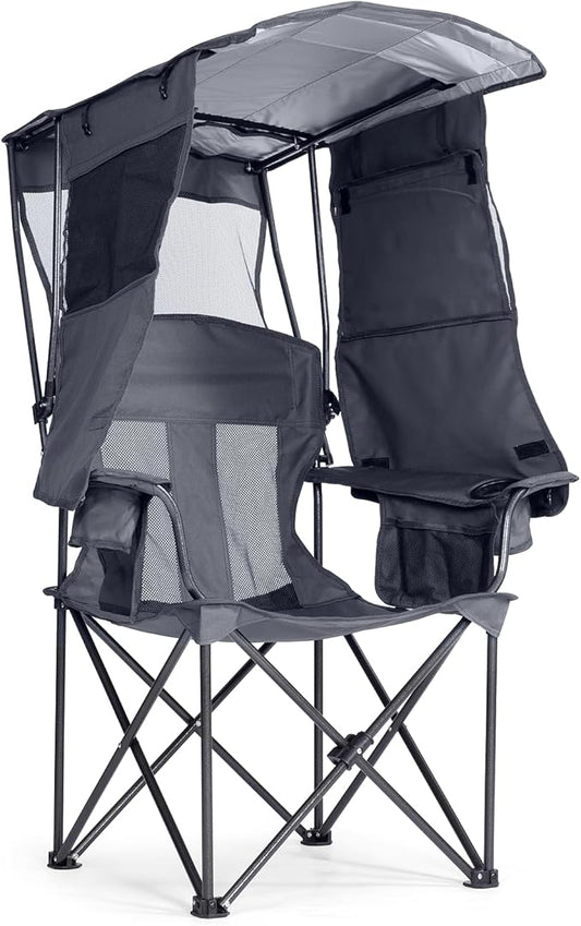 Camping Chair with Canopy Shade - Folding Beach Chair with UPF 50+ Sun Shade, Cup Holder, Side Pocket, Portable Sports Chair for Adults Support 330 LBS, Fishing Camp Outdoor Lawn Chair - Grey