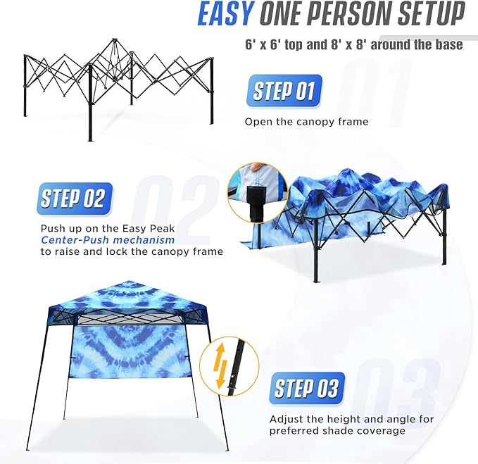 EAGLE PEAK 8x8 Pop Up Canopy Tent with Sidewall, Compact, Portable Slant Leg Instant Sun Shelter for Beach, Sports, & Camping, 8x8 Base 6x6 Top, Tie Dye Blue