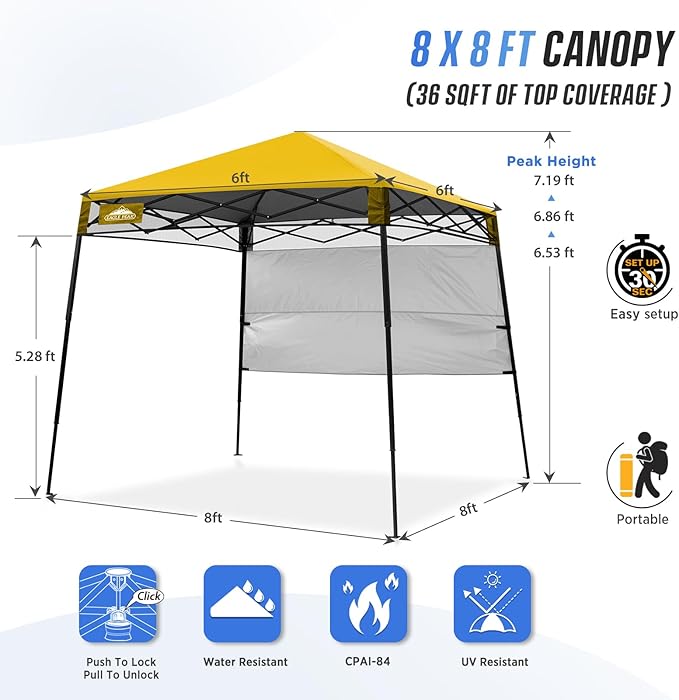 EAGLE PEAK 8x8 Pop Up Canopy Tent with Sidewall, Compact, Portable Slant Leg Instant Sun Shelter for Beach, Sports, & Camping, 8x8 Base 6x6 Top, Yellow