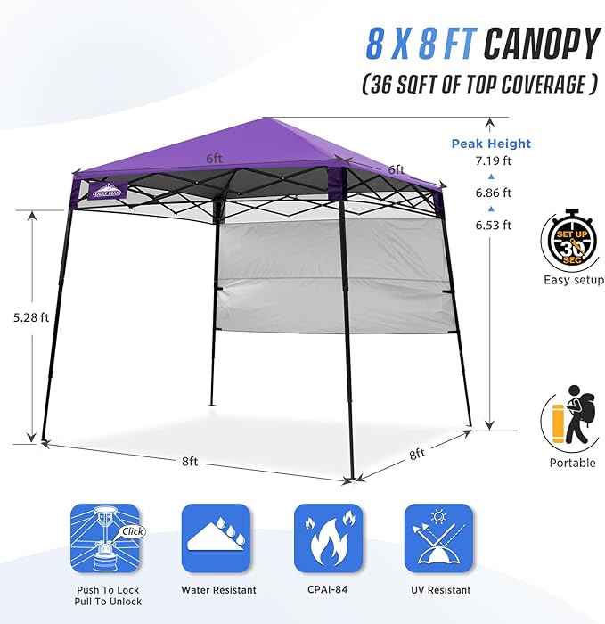 EAGLE PEAK 8x8 Pop Up Canopy Tent with Sidewall, Compact, Portable Slant Leg Instant Sun Shelter for Beach, Sports, & Camping, 8x8 Base 6x6 Top, Purple
