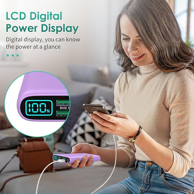 Portable Charger 38800mAh,LCD Display Power Bank,5 USB Outputs Battery Pack Backup,USB-C in&out Dual Input Phone Charging Compatible with iPhone 16/15/14 Pro,Android Samsung Galaxy Pixel Nexus-Purple
