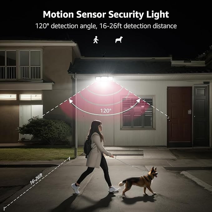 Solar Lights for Outside, WL5000 Motion Activated Security Lights, Separate Solar Panel, 3 Adjustable Head 270° Wide Lighting Angle, IP65 Waterproof Wall Lamp for Porch Yard Garage, 2 Packs
