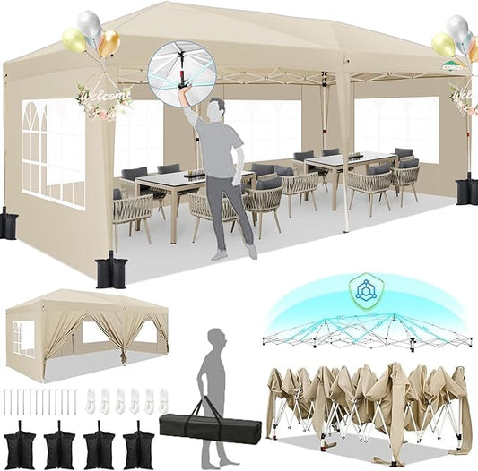 HOTEEL 10x20 Pop Up Canopy with 6 Sidewalls,One-Push Setup Canopy Tent with 8 Windbreak Poles,Waterproof Shade 10x20,Outdoor Canopies for Parties,Weddings,Camping,Patios (Khaki)
