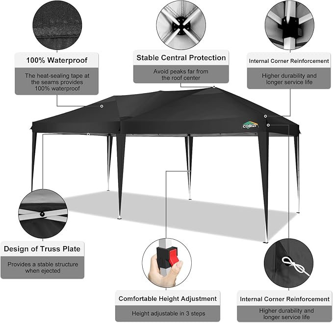 COBIZI 10x20 Pop Up Canopy Tent One Push Setup UV Protection 50+ Waterproof Party Tents for Parties Wedding Outdoor Commercial Event Gazebo Portable Instant Tent for Backyard Camping Carport,Black