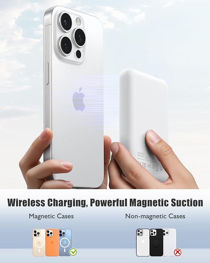 Magsafe Portable Charger, Ultra-Slim 10,000mAh Magnetic Wireless Portable Charger, PD 20W Fast Charging Power Bank, Magsafe-Compatible Battery Pack for iPhone Series (White)