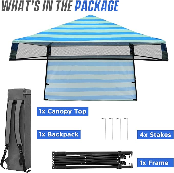 EAGLE PEAK 8x8 Pop Up Canopy Tent with Sidewall, Compact, Portable Slant Leg Instant Sun Shelter for Beach, Sports, & Camping, 8x8 Base 6x6 Top, Green Blue Stripe