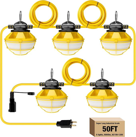 50FT Construction String Lights with Protective Cage, IP65 Waterproof LED String Work Lights, 5000K Daylight 18AWG Wire Linkable Temporary Construction Lighting for Jobsite with 5 Bulbs & Hooks