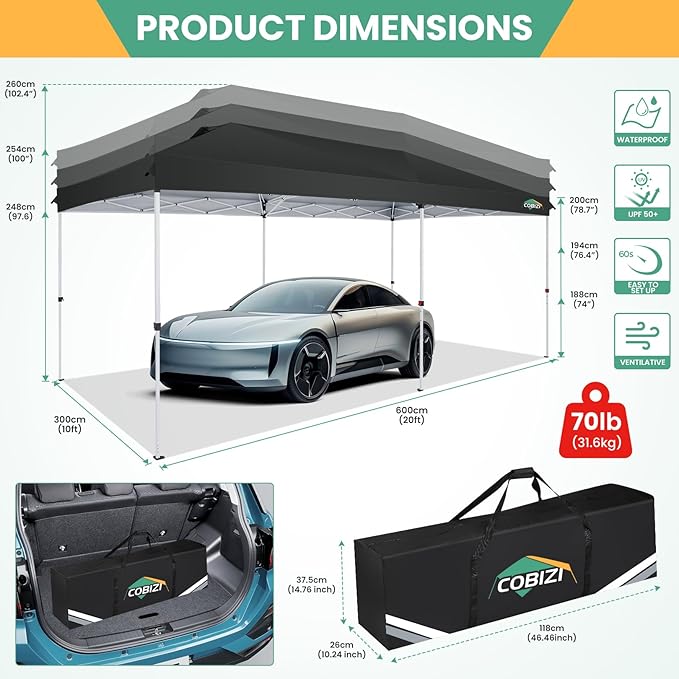 COBIZI 10x20 Pop Up Canopy Tent with 6 Removable Sidewalls,Waterproof & UV 50+ Easy Up Canopy,Commercial Gazebo with Air Vent,4 Sand Bags,4 Stakes & 8 Ropes,Tents for Parties/Camping/Backyard,Black