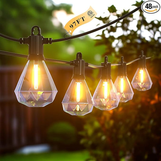 Kawaya Outdoor String Lights 97 FT LED Patio With 48+1 Shatterproof Unique Diamond Edison Bulbs 2700K Dimmable IP65 Waterproof for Yard Porch Deck Balcony Bistro Cafe